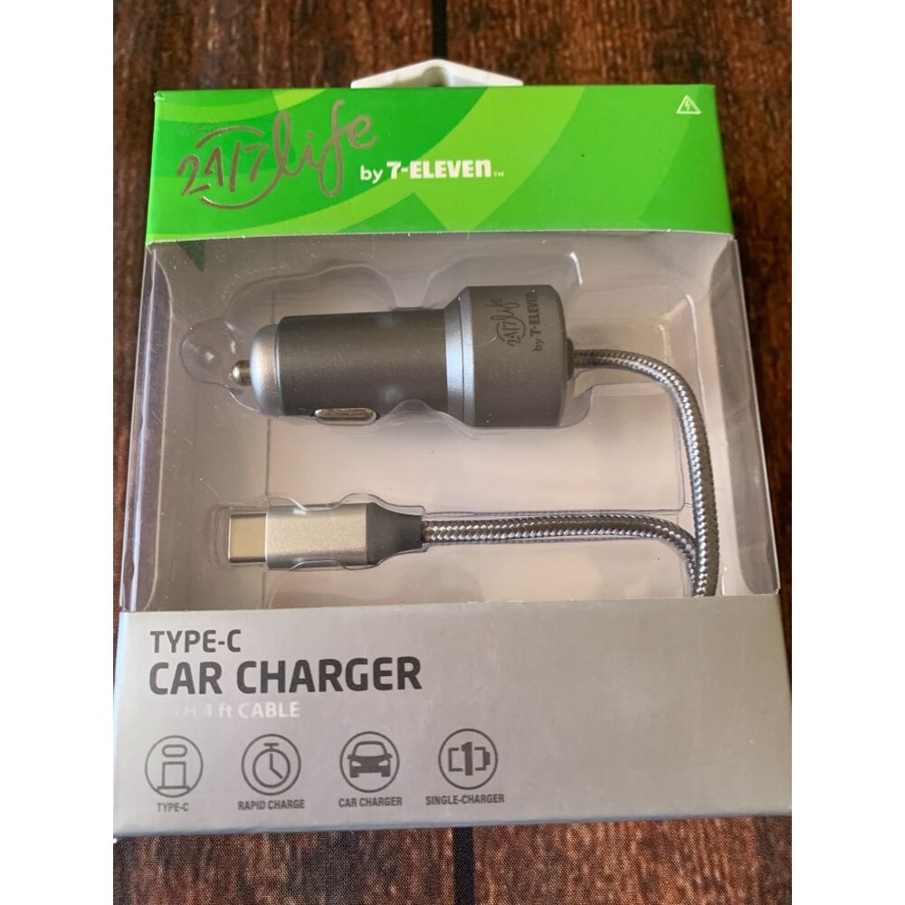 Type-C Car Charger With 4 Ft Cable 24/7 Life By 7-Eleven Rapid Charge Durable De